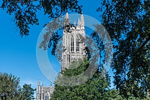 Partial view of the Duke Chapel tower in early fall