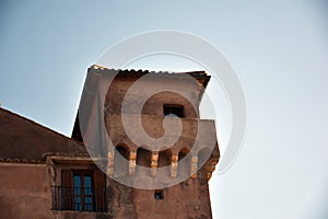 Partial view of a historic castle close up of the battlements