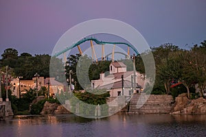 Partial view of Kraken rollercoaster and dock side at Seaworld 254.