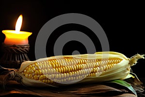 partial view of a lit kinara and an ear of corn muhindi