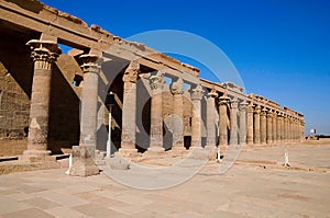 Partial view of Philae temple. Philae Temple was dismantled and reassembled before the 1970 completion of the Aswan High Dam, Egyp