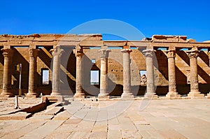 Partial view of Philae temple. Philae Temple was dismantled and reassembled before the 1970 completion of the Aswan High Dam, Egyp