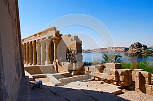 Partial view of Philae temple. Philae Temple was dismantled and reassembled before the 1970 completion of the Aswan High Dam, Egyp