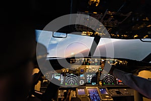 partial view of professionals piloting airplane