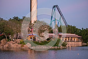 Partial view of Sky Tower, Mako, Kraken rollercoaster and dock side at Seaworld 2