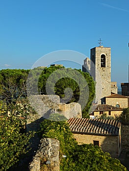 Partial view of the towers of San Gimignano, Italy from the Parco della Rocca