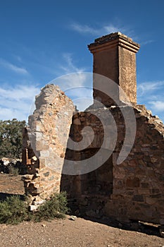 Partial wall with fireplace and chimney at abandoned settlement