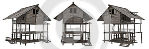 Partially built wooden medieval housea with 3 floors. Isolated 3D illustration