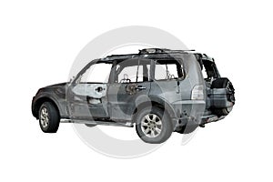 Partially burned down car for use in photomontage, the SUV after the fire, isolate photo