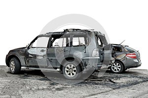 partially burned down car for use in photomontage, the SUV after the fire, isolate