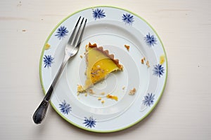 partially eaten tarte au citron, fork on a crumbly plate