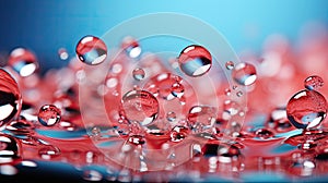 Partially falling water drop bubbles floating in air on blue and red background