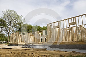 Partially framed house at a construction site