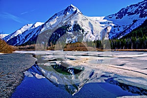 A Partially Frozen Lake with Mountain Range Reflected in the Partially Frozen Waters of a Lake in the Great Alaskan Wilderness.