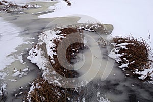 Partially frozen lake in winter