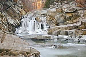 Partially frozen Scott`s Run waterfall.Scott`s Run Nature Preserve.Fairfax County.Virginia.USA