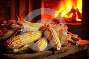 partially husked corn cobs glowing in firelight