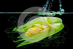 Partially Husked Sweet Corn Cob Underwater on Black