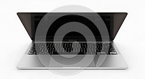 A partially open silver laptop on a white surface. The keyboard, featuring a QWER