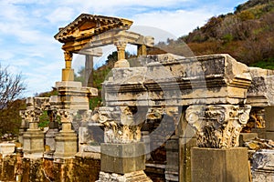 Partially reconstructed ancient fountain Nymphaeum of Trajan in Ephesus, Turkey