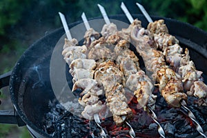 Partially roasted shish kebab, or souvlaki, strung on skewers and put on red-hot coals. Juicy turkey meat is being cooked on the