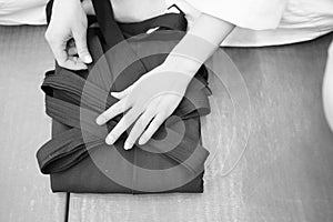 Participant adds the underside of the hakama aikido clothing