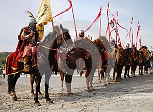 Participants on horse of military historical festi