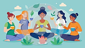 Participants share their favorite herbal tea blends and tips for incorporating yoga into their daily routines.. Vector photo