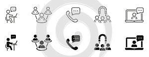 Participation And Support Line and Silhouette Icon Set. Employee Cooperation Black Pictogram. Teamwork On Meeting Symbol