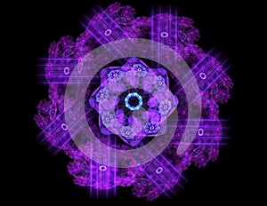 Particles of abstract fractal forms on the subject of nuclear physics science and graphic design. Geometry sacred futuristic quant