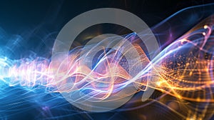 Particles merge into flowing light waves on dark background, AI Generated photo