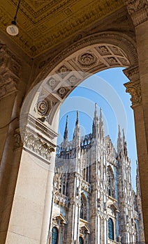 Particular view of famous Milan Cathedral Duomo di Milano, in Duomo Square, Italy.