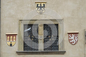 Particular window that is on the clock tower in Prague in Czech republic