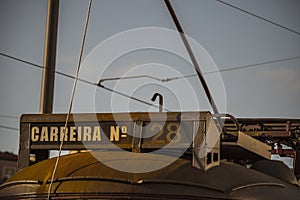 Particular of yellow 28 tramway of Lisbon in Portugal