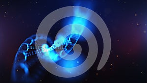 A particulate 3D rendered DNA on a blue bokeh background.