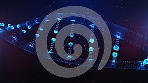 A particulate 3D rendered DNA on a blue bokeh background.