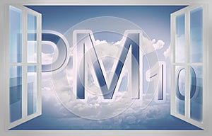 Particulate matter fine dust PM10 concept image in the air -  3D rendering with open window photo