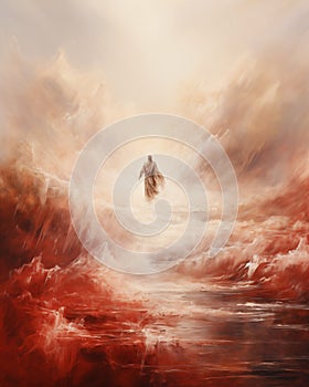 Parting of the Red Sea. Moses divides the waters, allowing his followers safe passage. Digital painting.