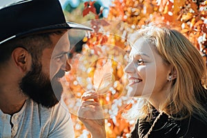 Parting with sweetheart. Bearded hipster man and tender blonde woman in love. Couple in love happy close up nature