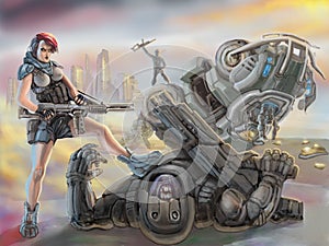 Partisan girl in armor stands over defeated stranger alien. Science fiction illustration.