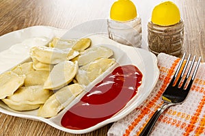 Partitioned dish with dumplings, sour cream and ketchup, pepper and salt, fork on napkin on table