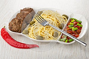 Partitioned dish with spaghetti, cutlet, beans, green onion and olives, fork, chili pepper on table