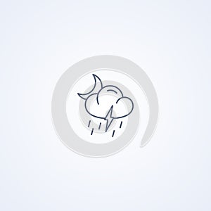 Partly cloudy night thunderstorm and downpour, vector best gray line icon