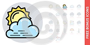 Partly cloudy or partially cloudy icon for weather forecast application or widget. Sun behind the cloud. Simple color