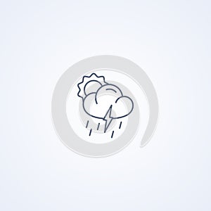 Partly cloudy thunderstorm and downpour, vector best gray line icon