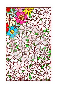 Partly done coloring page with various flowers for adults or kids to finish