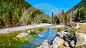 Partly frozen Cayoosh Creek a the Duffey Lake Road,  in Southern BC, Canada