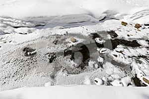 Partly frozen creek with fresh snow in Switzerland