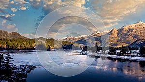 Partly ice covered Fraser River as it passes the town of Hope in British Columbia, Canada