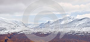 Partly snowy mountain area valley in Abisko National Park in, Sweden. photo